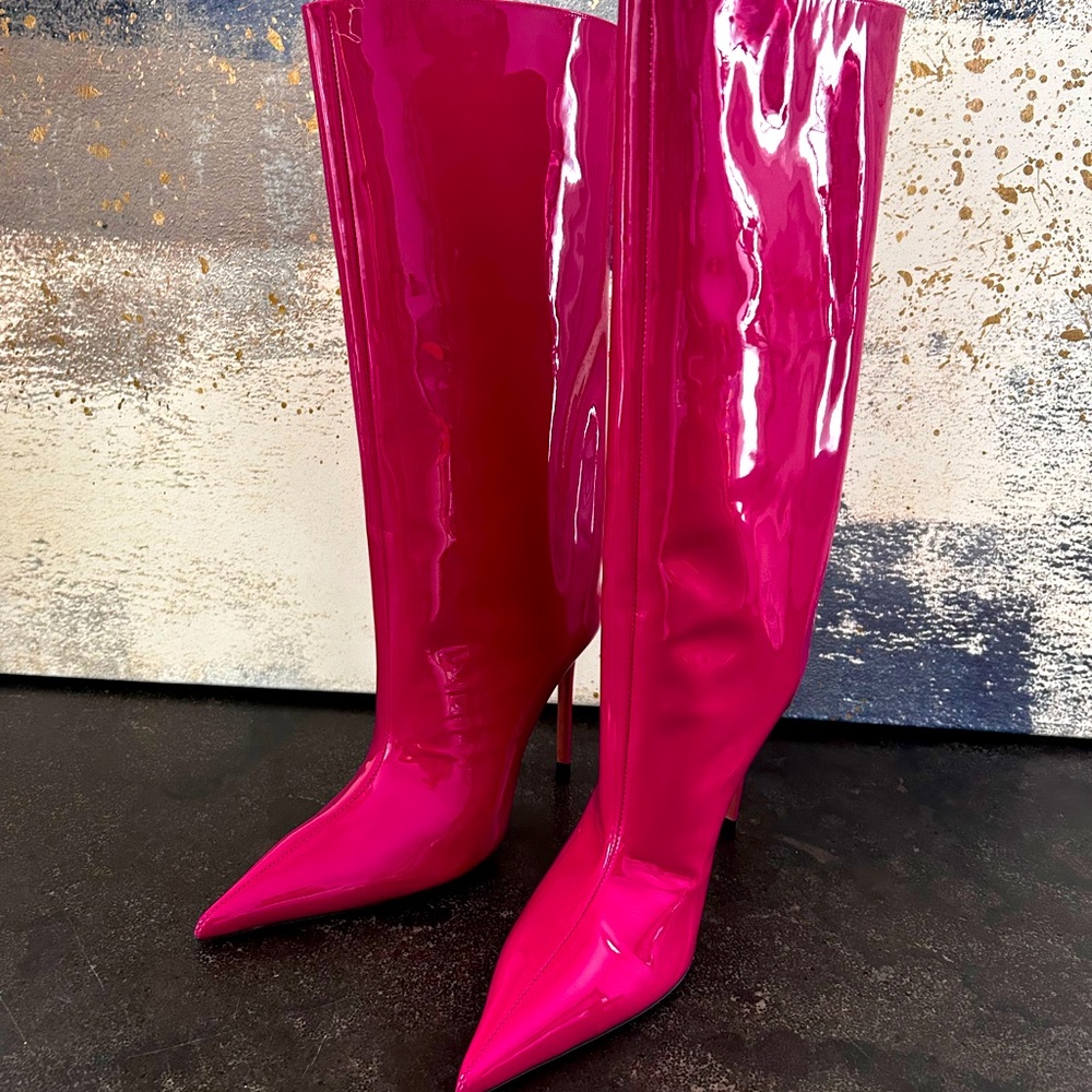 Amina Muaddi Fiona Patent Leather Stiletto Boots